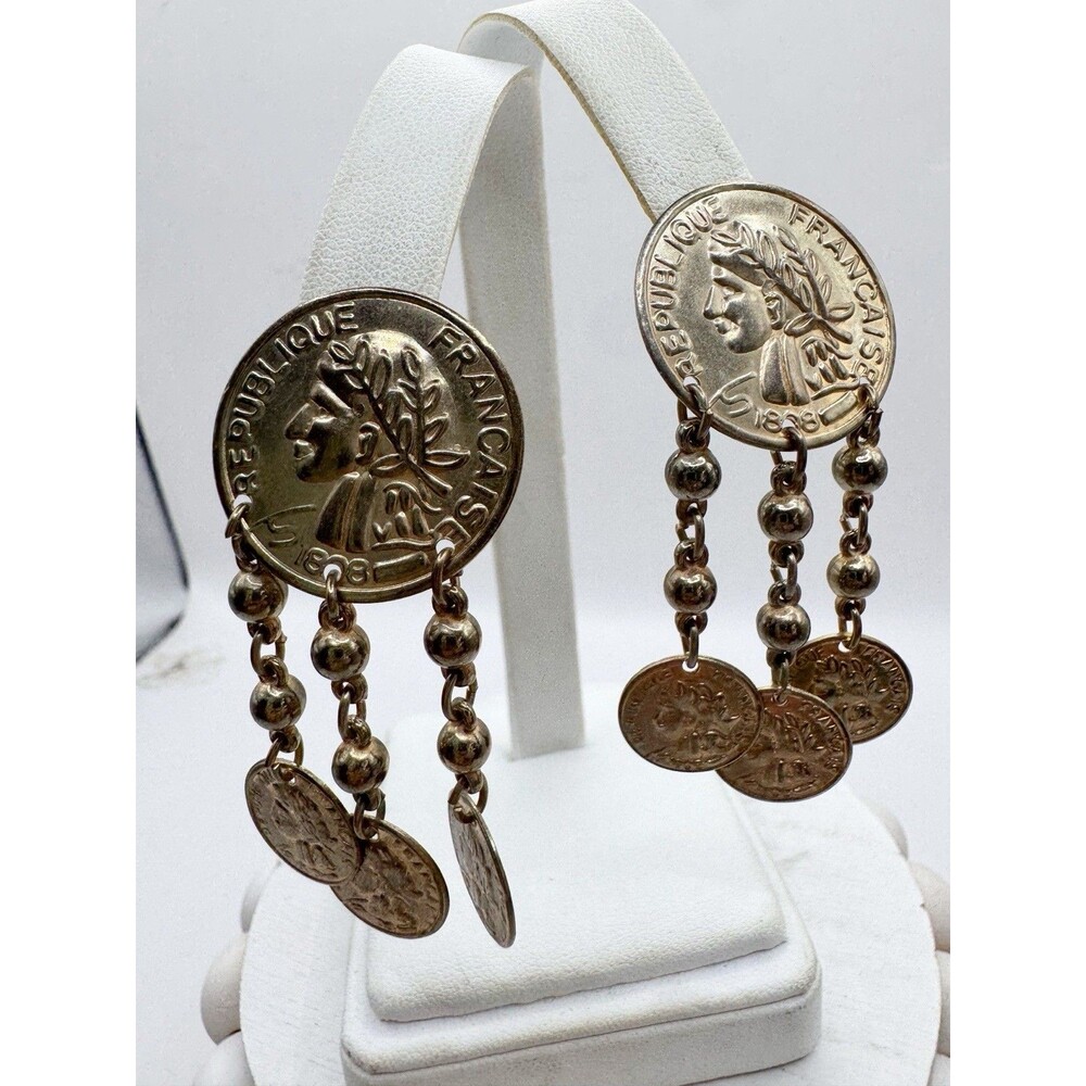 Vintage French Republic Faux Coin Dangle Earrings Clip On